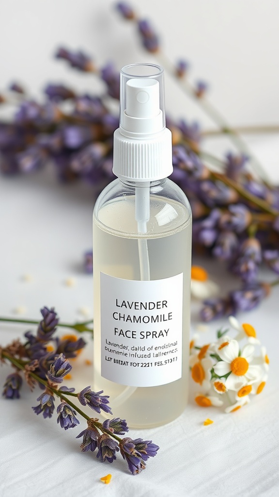 A bottle of Lavender and Chamomile Face Spray surrounded by lavender and chamomile flowers.