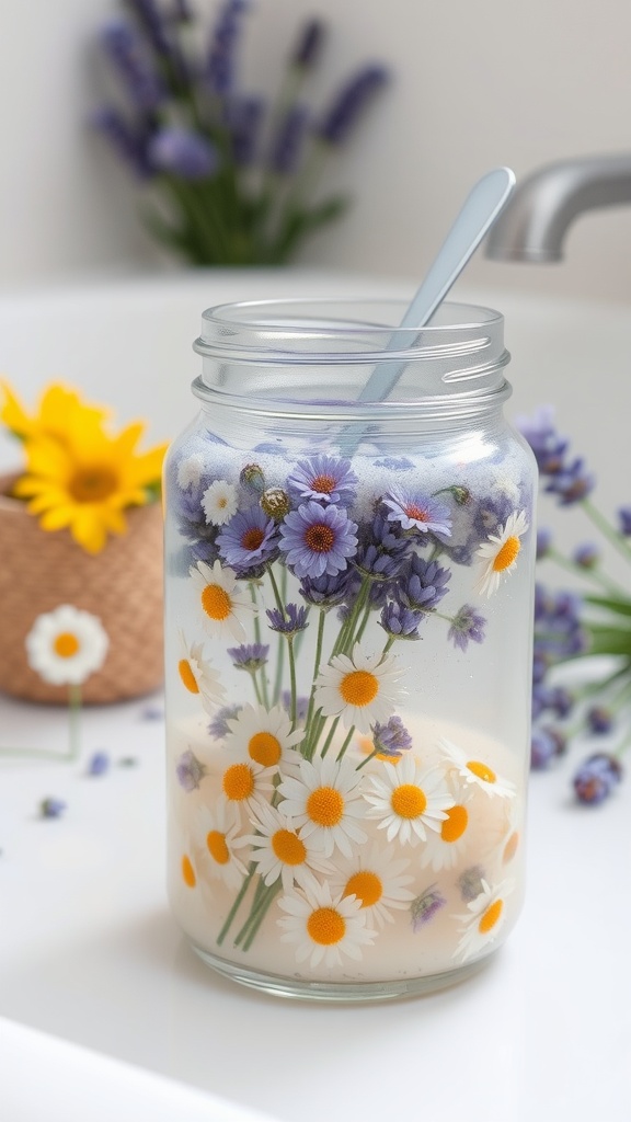 A jar filled with dried lavender and chamomile flowers in a soothing bath soak, surrounded by fresh flowers.