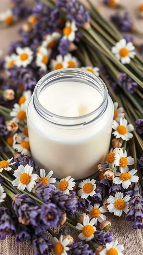 A jar of lavender and chamomile soothing cream surrounded by dried lavender and chamomile flowers.