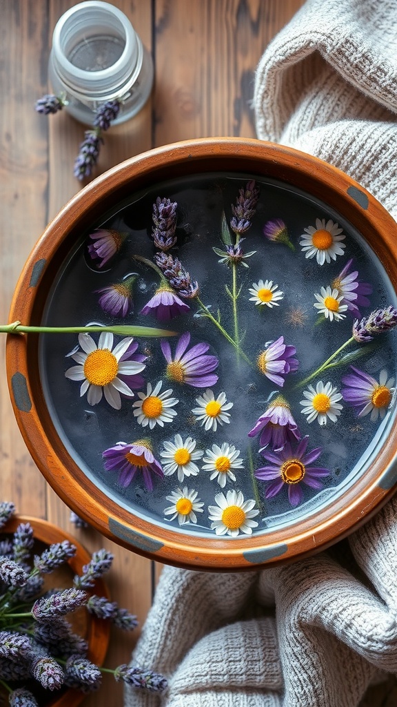 A bowl filled with lavender and chamomile flowers floating on surface water, surrounded by a cozy knitted fabric.