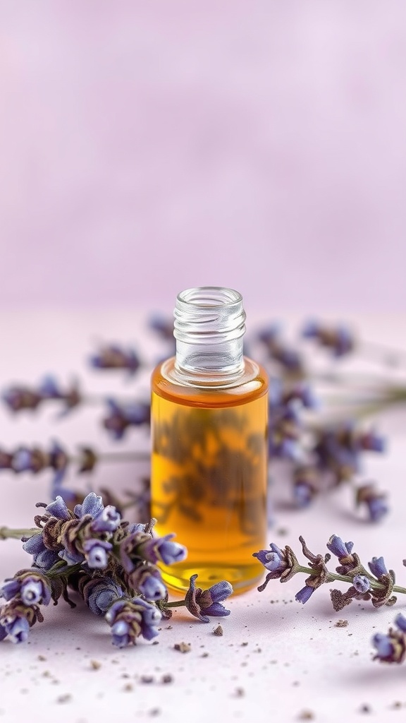 A small glass bottle of lavender infused facial oil surrounded by dried lavender flowers on a soft purple background.