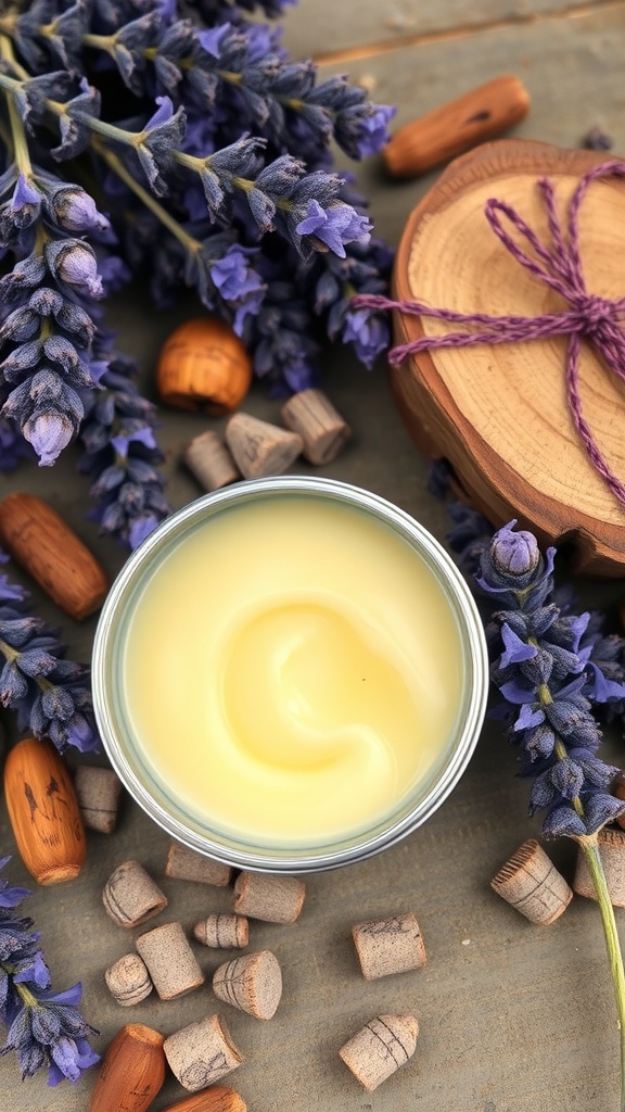 A lavender infused shea butter balm, surrounded by lavender flowers and wooden pieces, displayed in a rustic setting.