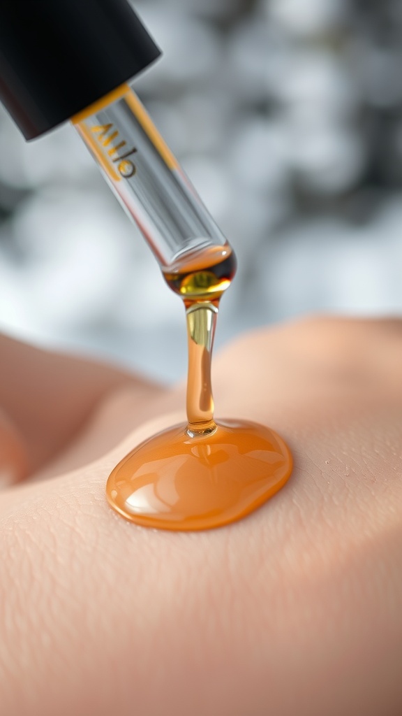 A dropper releasing golden serum onto skin