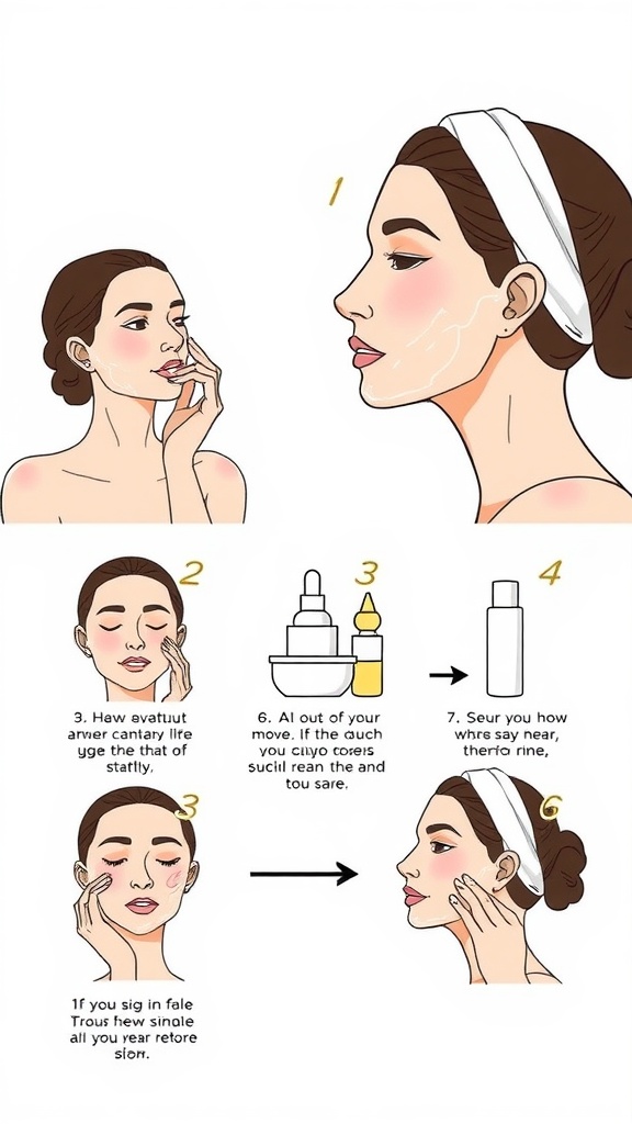Illustration of a woman applying skincare products in a step-by-step manner.