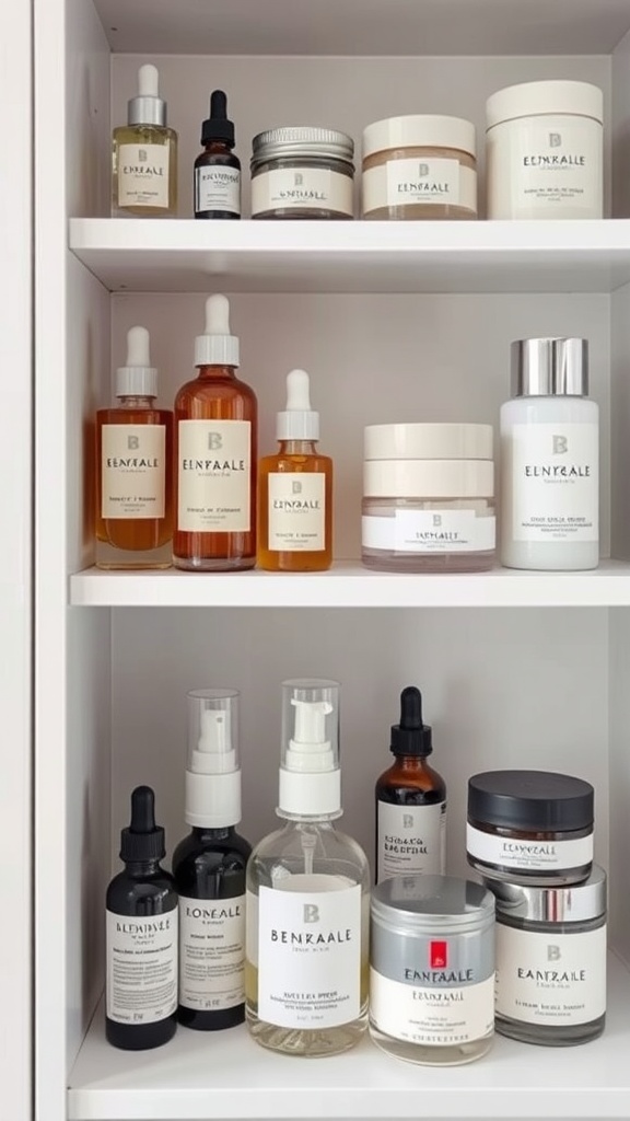 A collection of various skincare products organized on a shelf, featuring serums, creams, and toners.