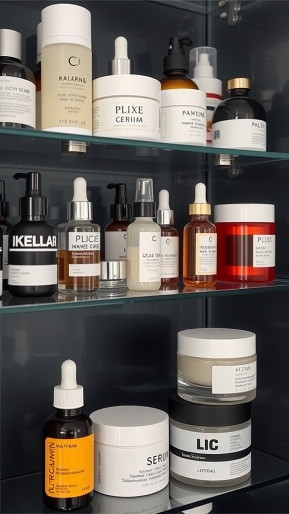 A variety of skincare products displayed on shelves, including creams, serums, and oils.