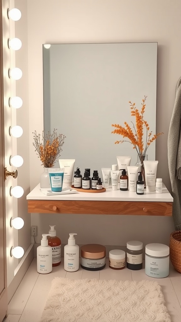 A well-organized skincare display with various products arranged on a table in front of a mirror.