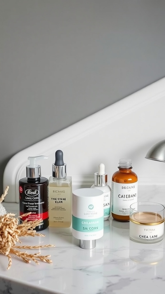 A variety of skincare products arranged on a marble countertop.