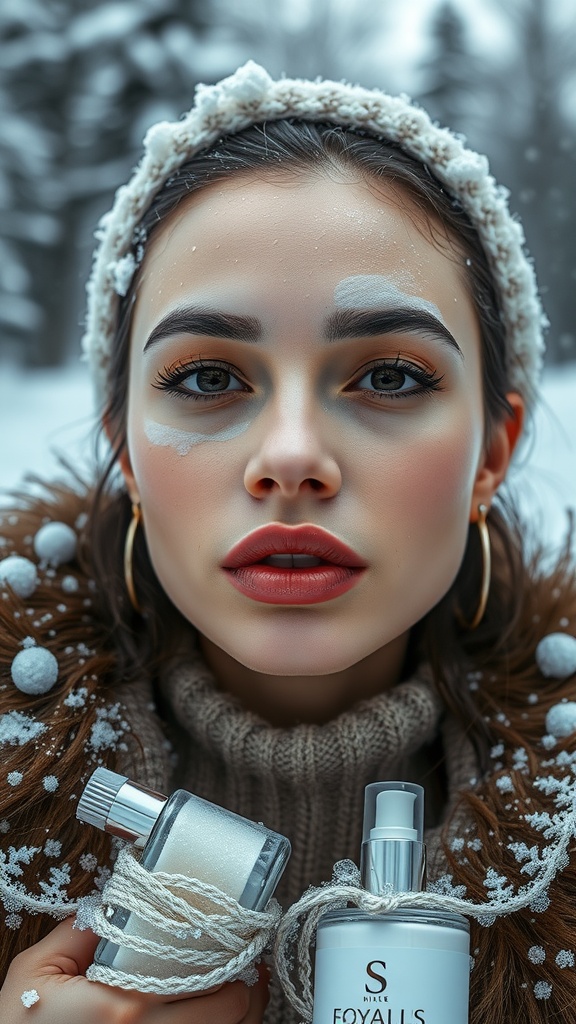 A woman in a winter setting holding two skincare products, showcasing winter skincare routine.