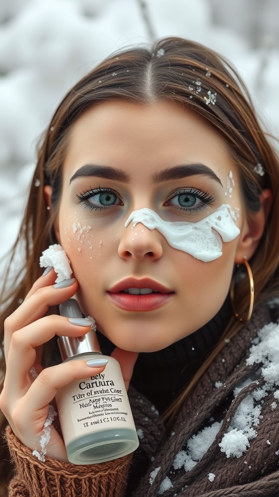 A person applying skincare with snow on their face in a winter setting.
