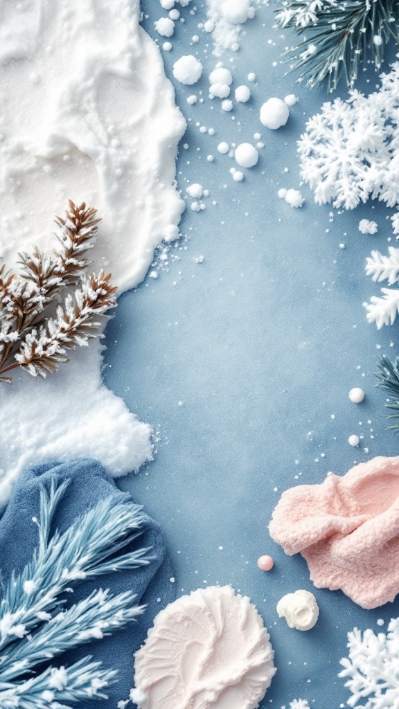 An arrangement of skincare creams and textures on a winter-themed background with snowflakes and evergreen elements.