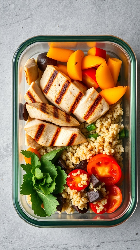 A meal prep container filled with grilled chicken, quinoa, and colorful vegetables.