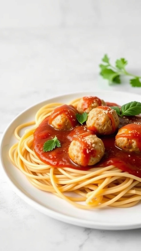 Plate of spaghetti topped with turkey meatballs and marinara sauce, garnished with parsley.