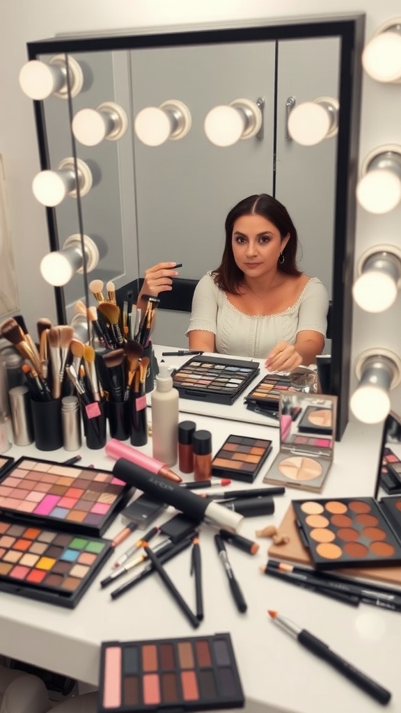 A young woman applying makeup at a vanity filled with various makeup products, including palettes and brushes.