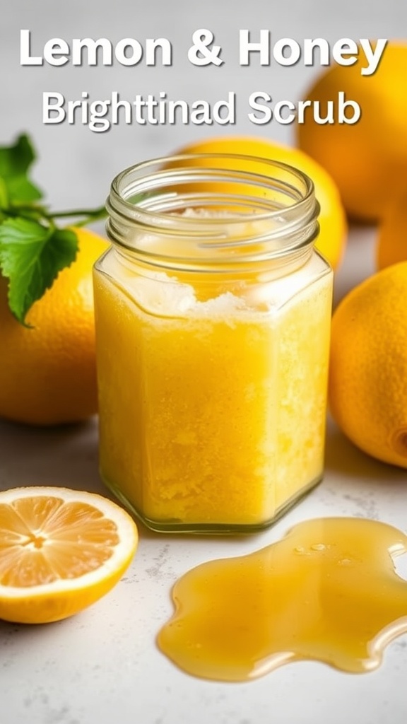 A jar of lemon and honey scrub with fresh lemons and honey spilled beside it.