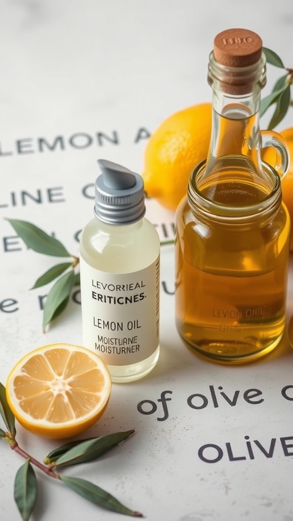 Ingredients for a DIY Lemon and Olive Oil Moisturizer, including lemon halves, lemon oil, and olive oil.