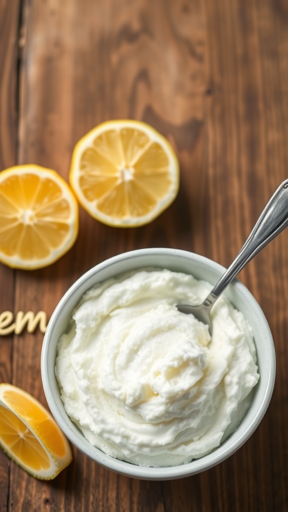 A bowl of creamy yogurt with lemon slices on the side.