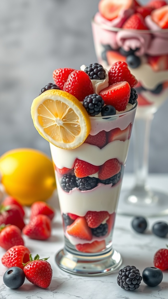A refreshing lemon berry parfait with layers of cream and fresh berries.