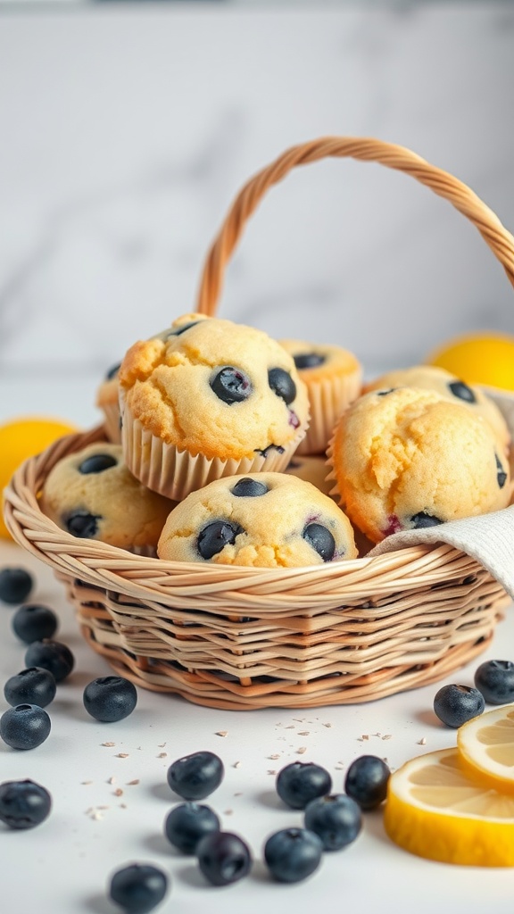 A basket of freshly baked lemon blueberry muffins.