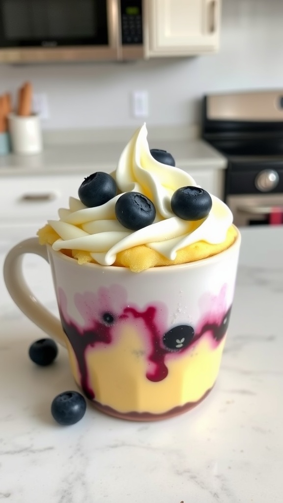 A delicious lemon blueberry mug cake topped with whipped cream and fresh blueberries.