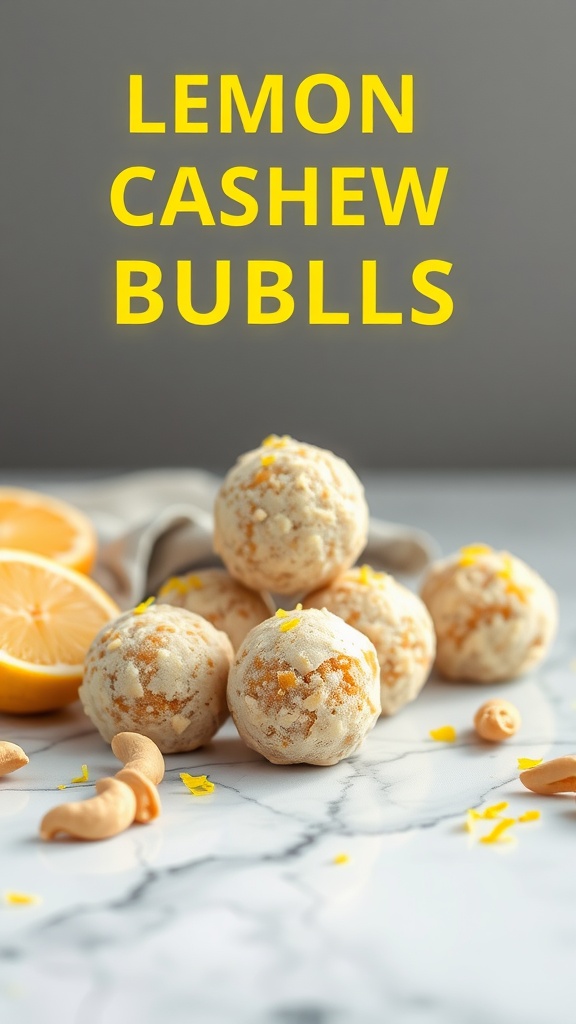 A stack of lemon cashew bliss balls with lemon slices and cashews