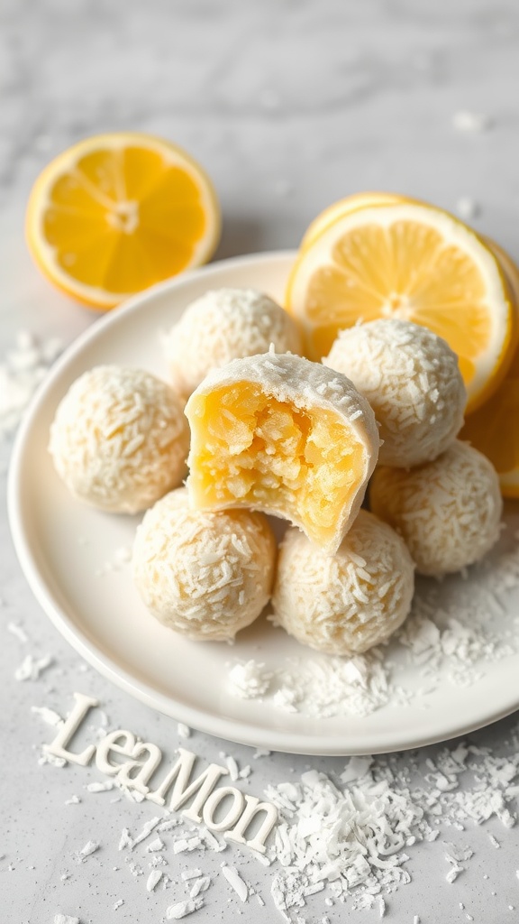 A plate of lemon coconut energy balls with lemon slices