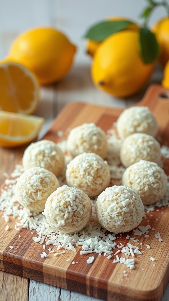 Lemon Coconut Energy Balls arranged on a wooden platter with fresh lemons in the background