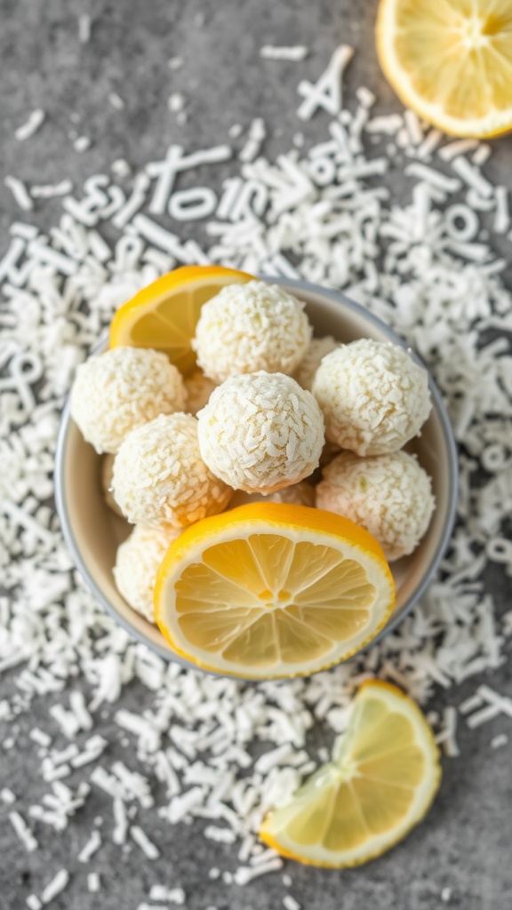 Lemon Coconut Energy Bites in a bowl with lemon slices