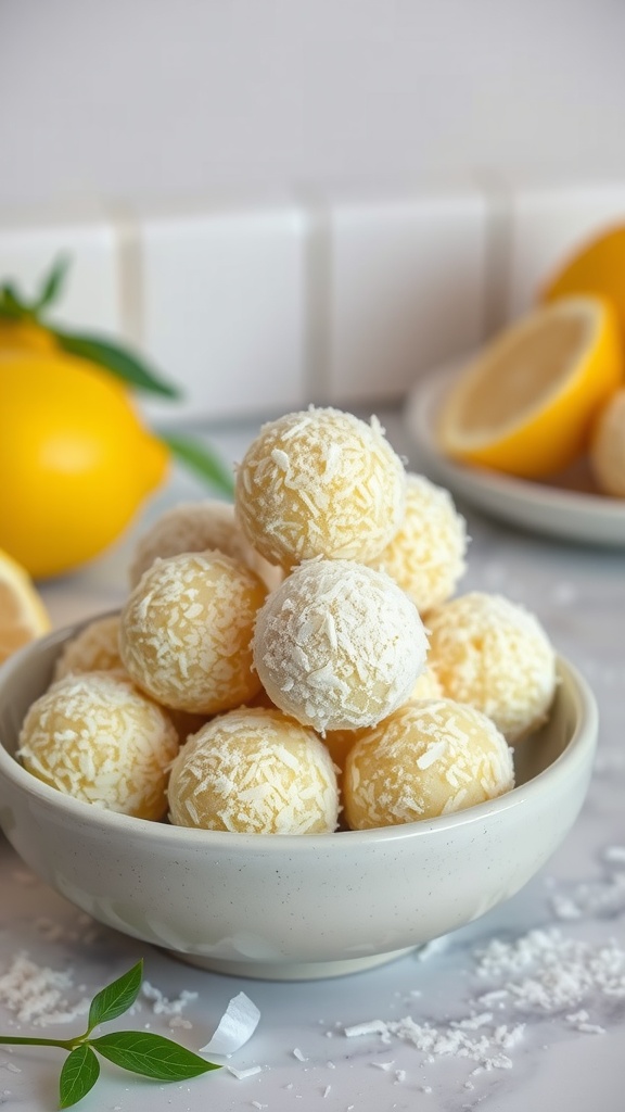 Bowl of lemon coconut energy bites