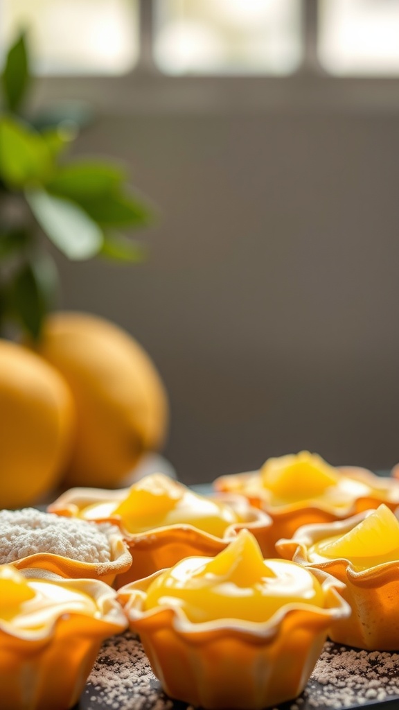 Lemon curd puff pastry cups arranged beautifully with a sprinkle of powdered sugar.