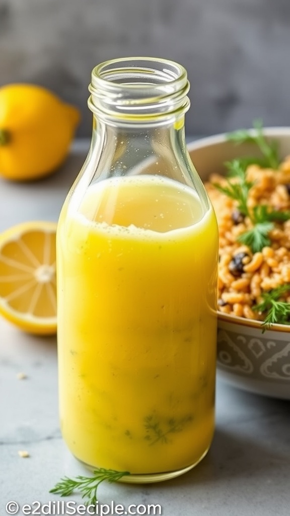 A bottle of Lemon Dill Quinoa Dressing with a bowl of quinoa salad in the background.