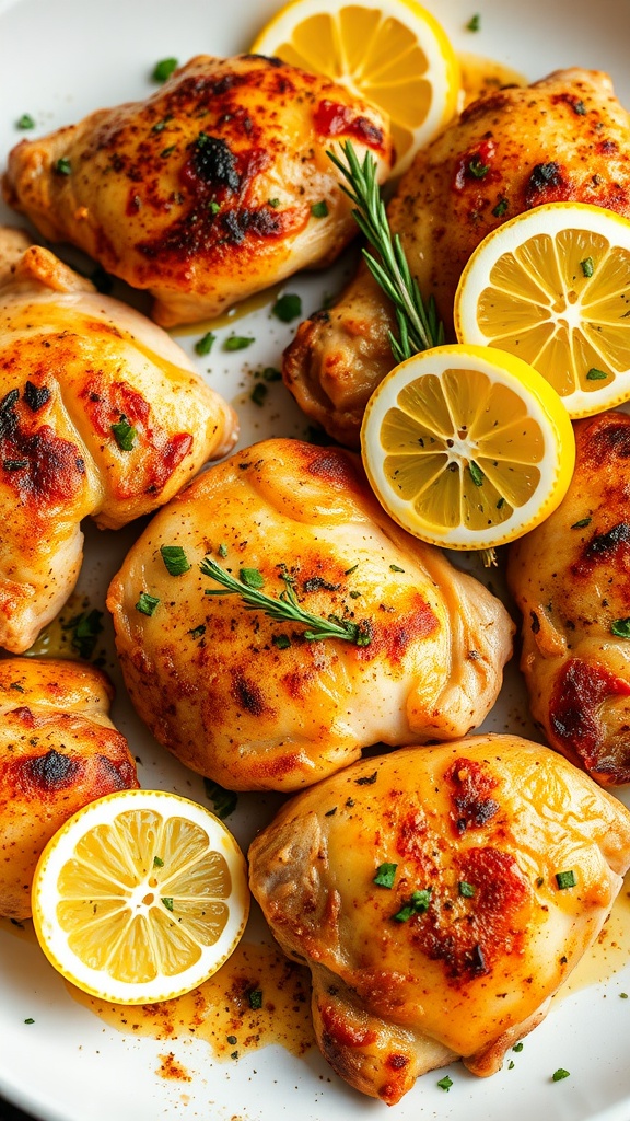 Lemon Garlic Baked Chicken Thighs with slices of lemon and herbs