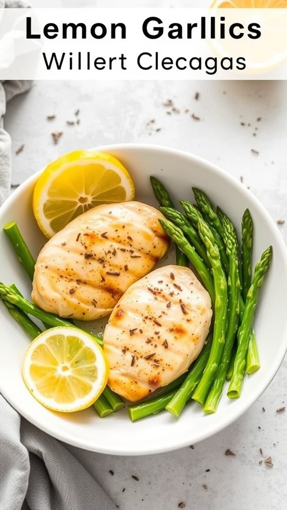 Grilled lemon garlic chicken breast with asparagus in a meal prep container.