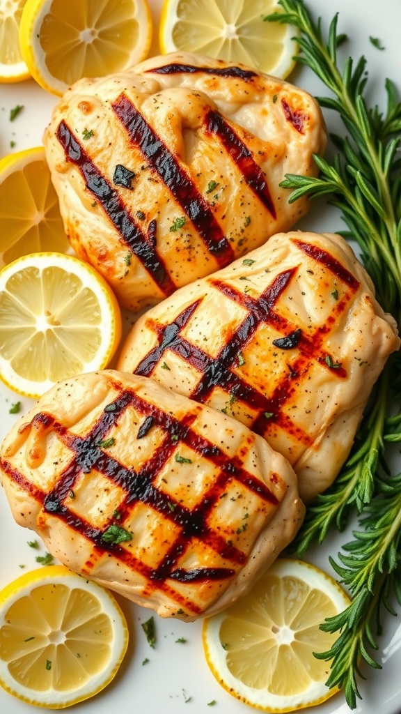 A plate of grilled chicken breasts with lemon slices and fresh herbs