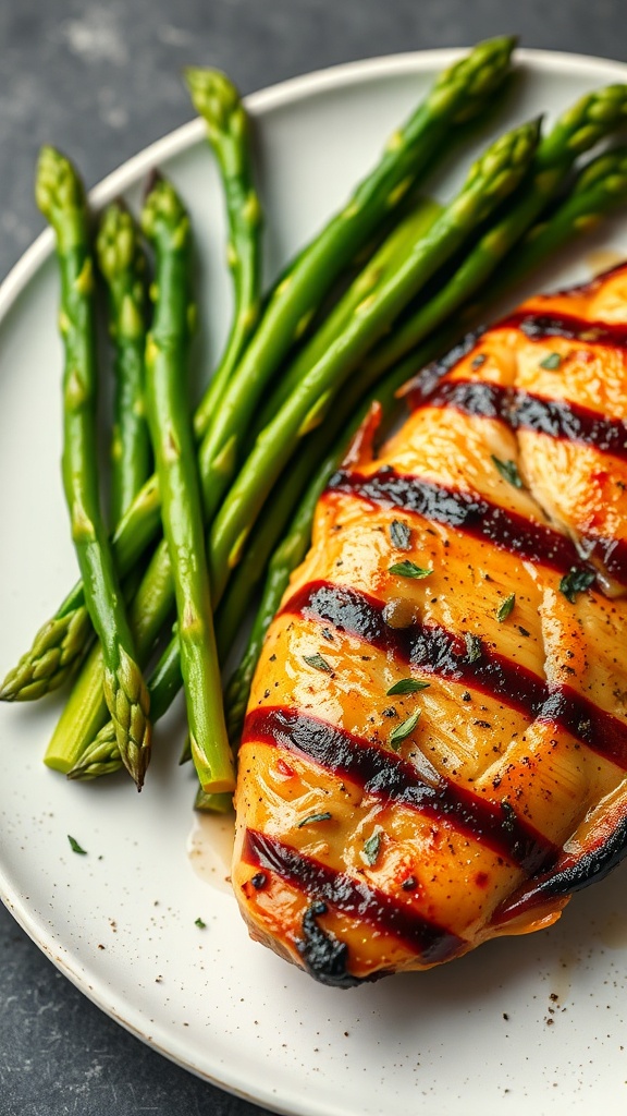 Lemon garlic grilled chicken served with asparagus on a plate.