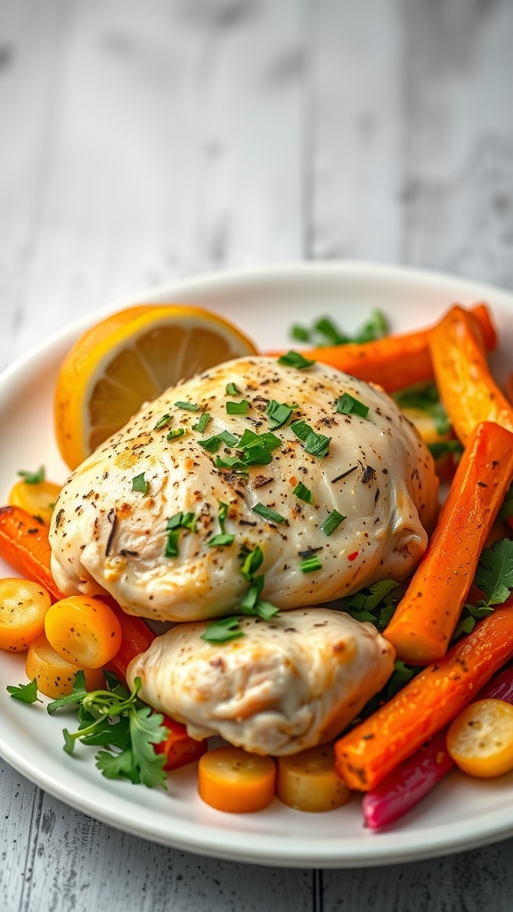 A plate of Lemon Garlic Herb Chicken with colorful veggies
