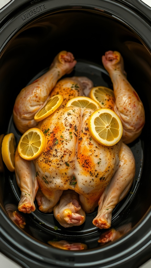 A whole chicken in a slow cooker with lemon slices and herbs