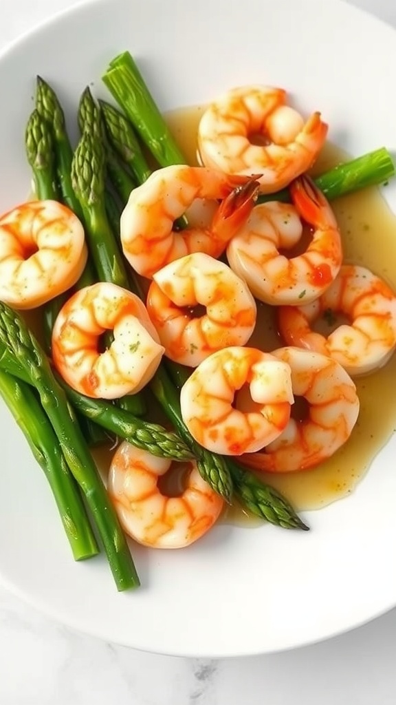 A plate of lemon garlic shrimp and asparagus, showcasing vibrant colors and fresh ingredients.