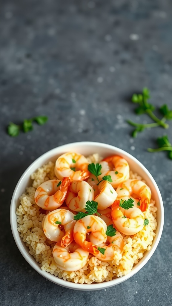 A bowl of lemon garlic shrimp served over quinoa, garnished with parsley.