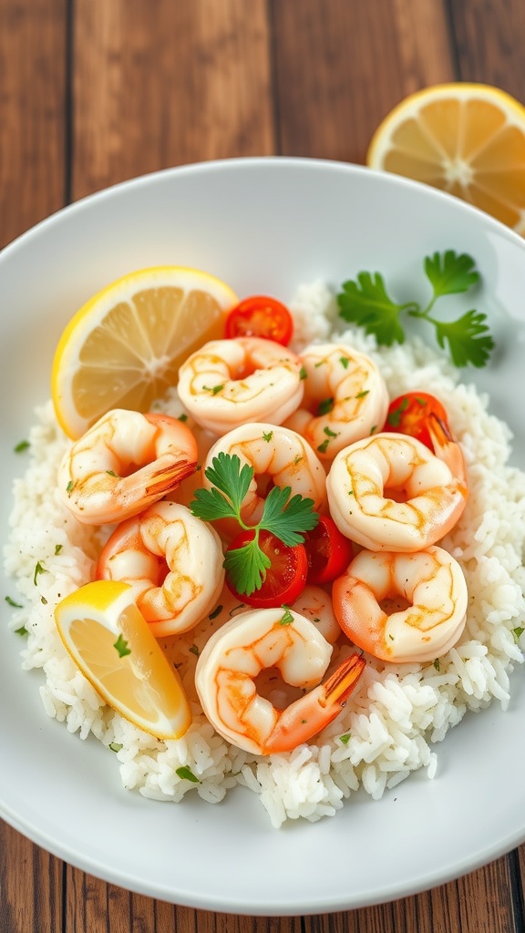 A plate of lemon garlic shrimp served over rice with lemon wedges and parsley.