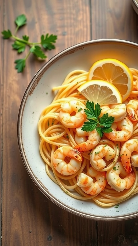 A delicious bowl of lemon garlic shrimp pasta garnished with lemon slices and parsley.