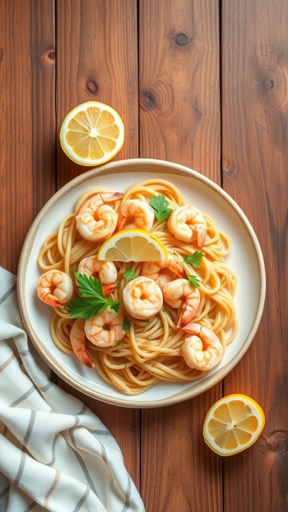 A plate of lemon garlic shrimp pasta with lemon slices and parsley.