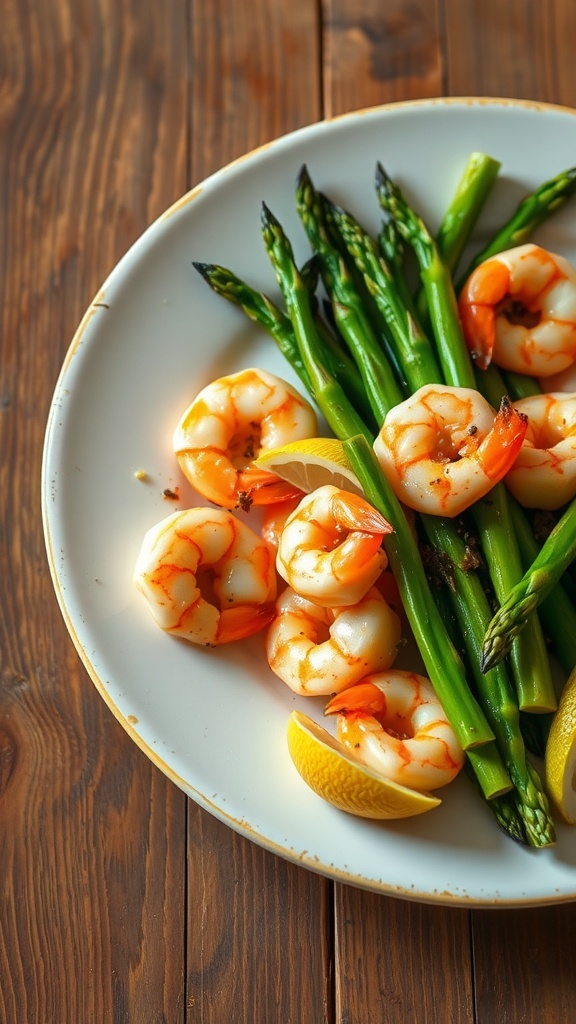 A plate of lemon garlic shrimp with asparagus, garnished with lemon slices.
