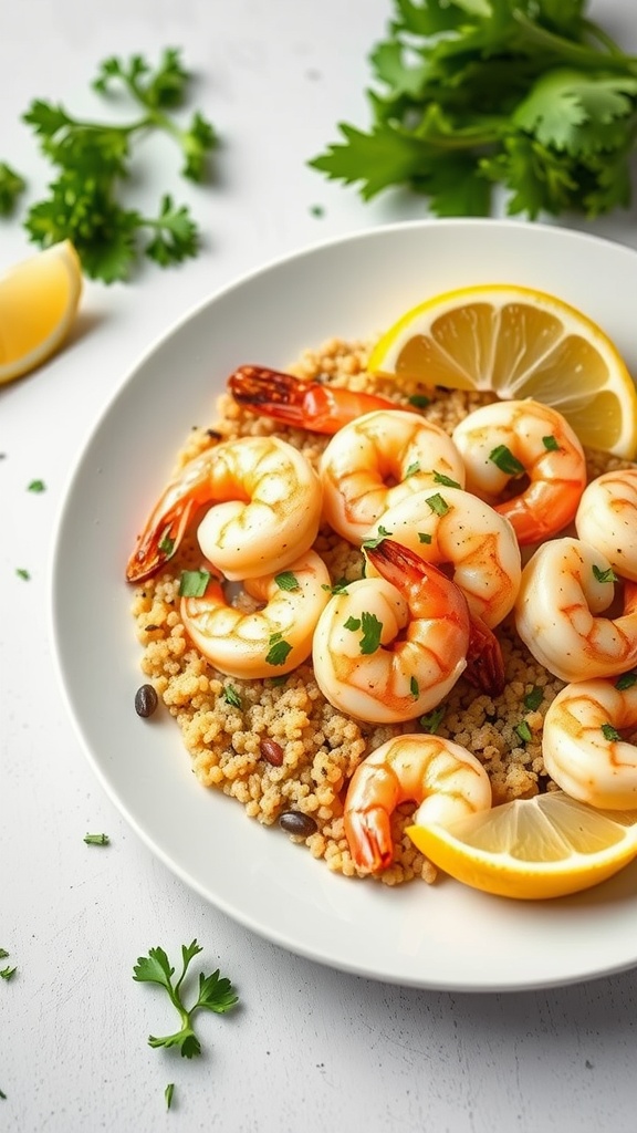 A plate of lemon garlic shrimp served over quinoa with lemon wedges and parsley.