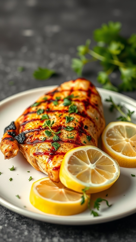 Grilled chicken garnished with parsley and lemon slices