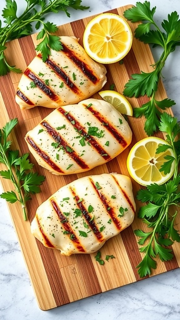 Grilled chicken breasts garnished with parsley and lemon slices on a wooden cutting board.