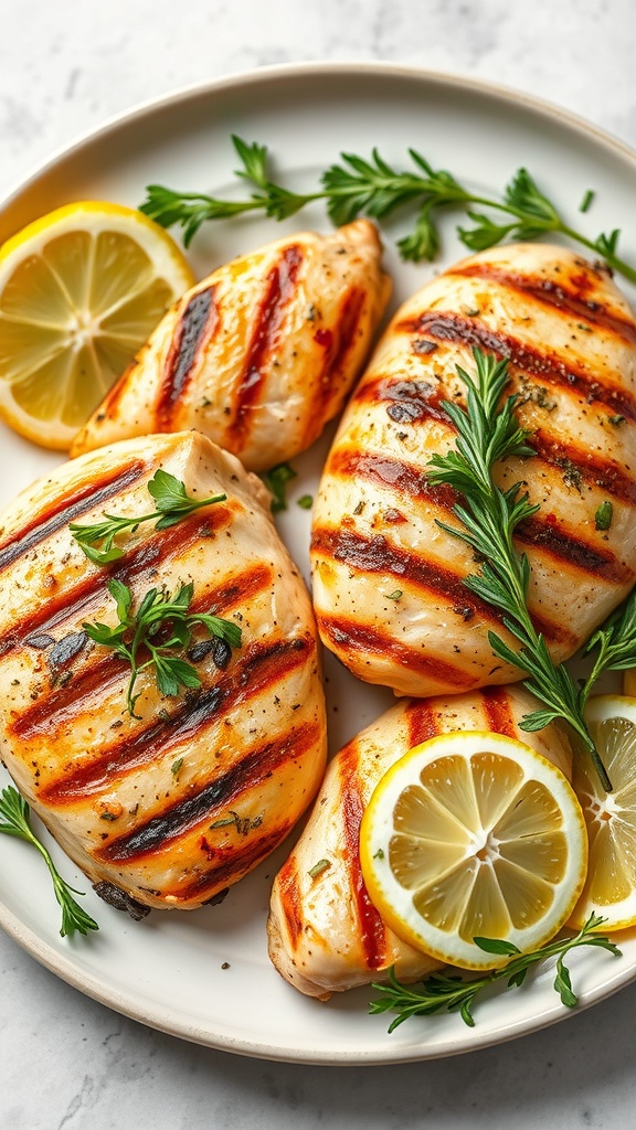 Grilled chicken breasts garnished with lemon slices and fresh herbs on a plate.