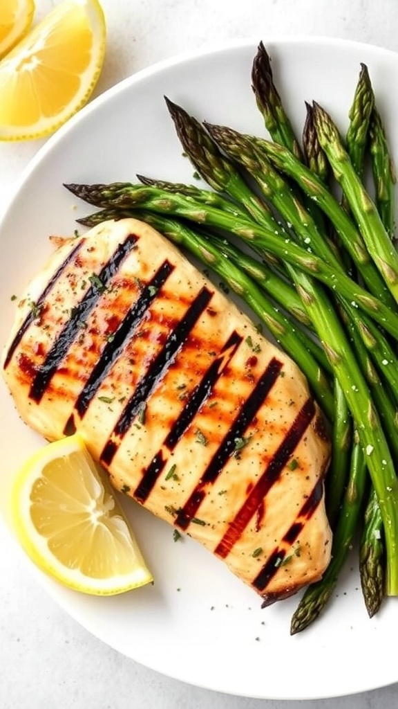 Grilled chicken breast topped with a lemon slice and served with asparagus on a plate.