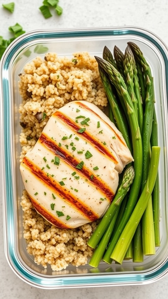 A meal prep container with grilled chicken, asparagus, and couscous.