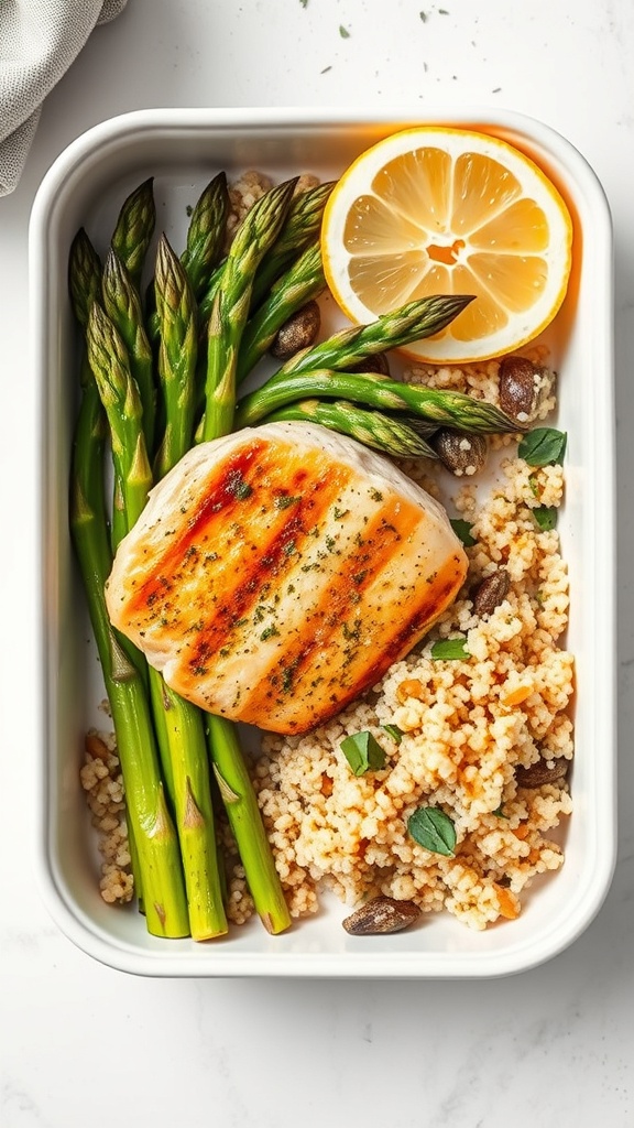 A meal prep container with grilled chicken, asparagus, couscous, and a lemon slice.